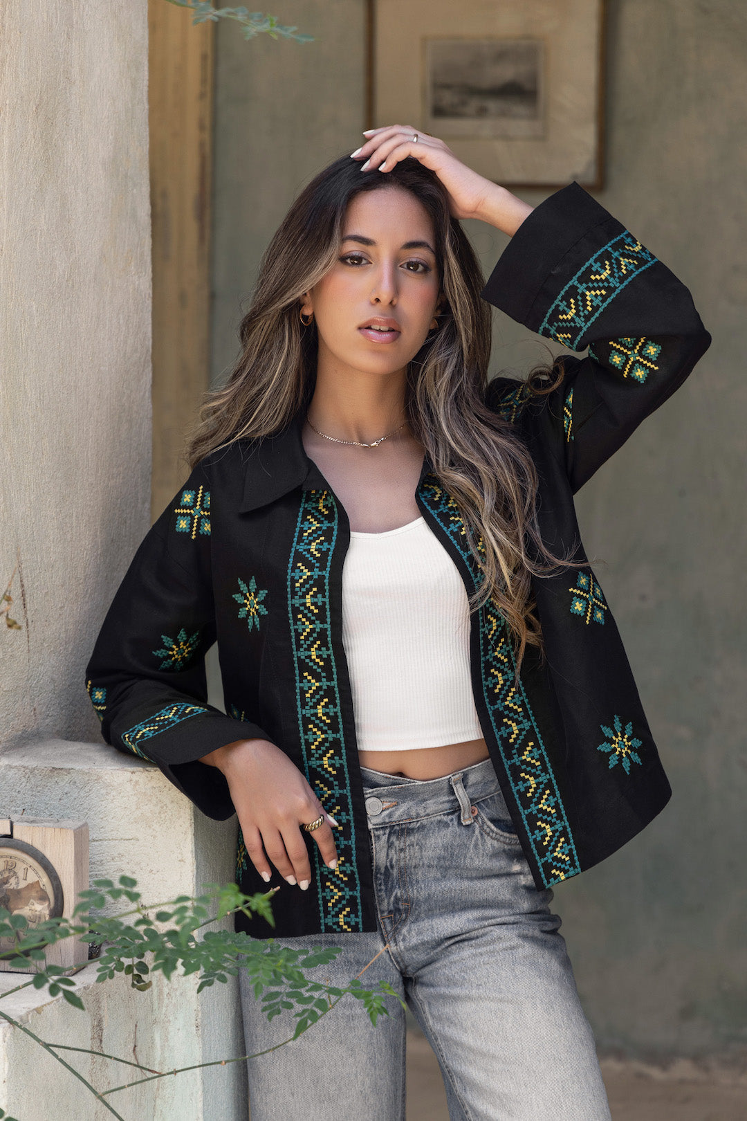 Black Summer Linen Embroidered Jacket