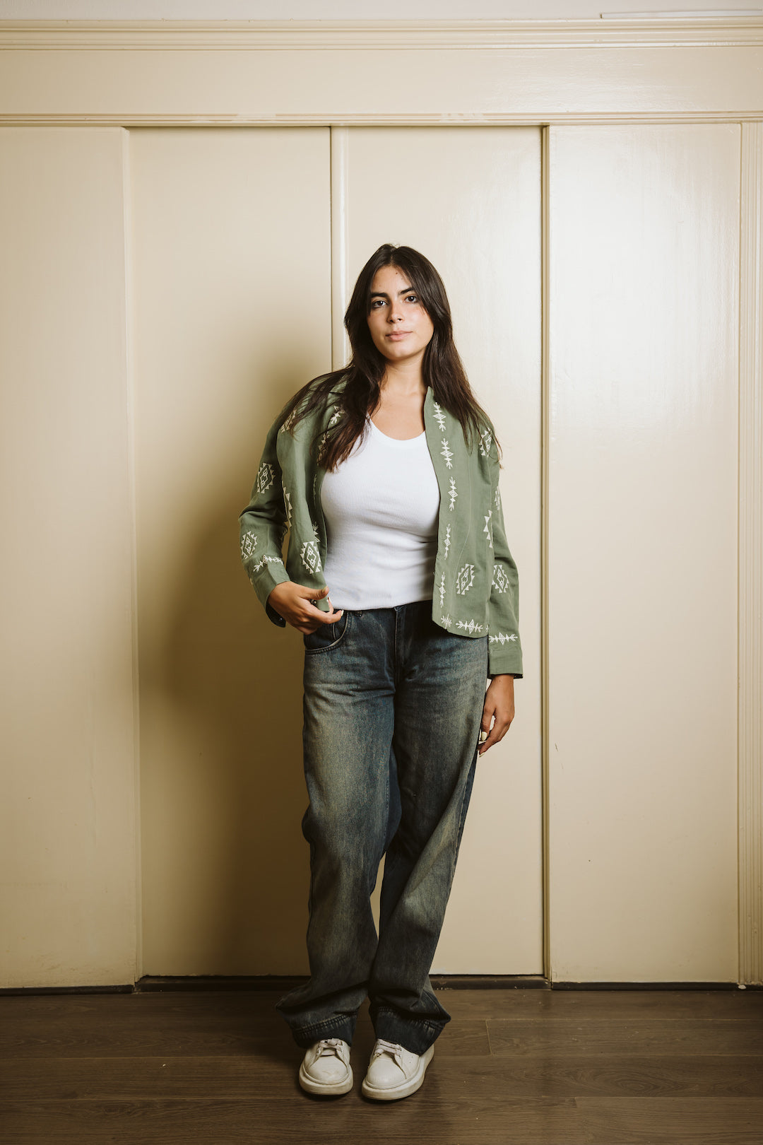 Embroidered Linen Summer Jacket - Olive