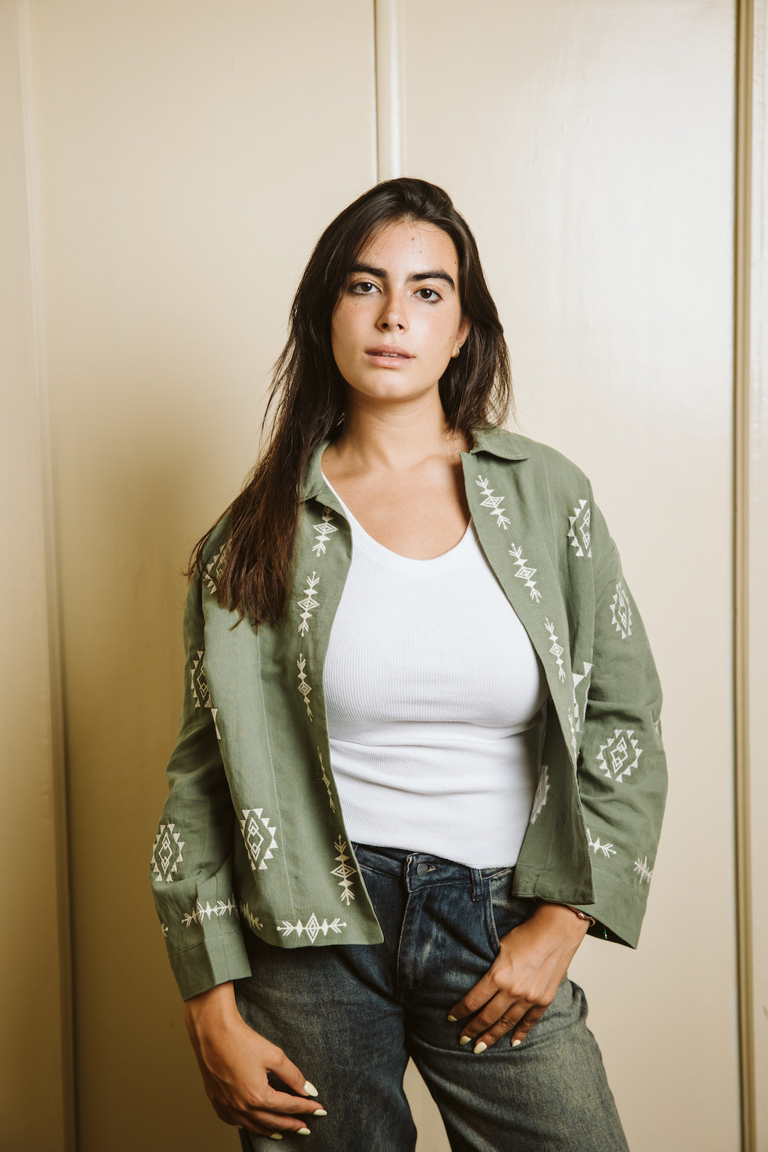 Embroidered Linen Summer Jacket - Olive