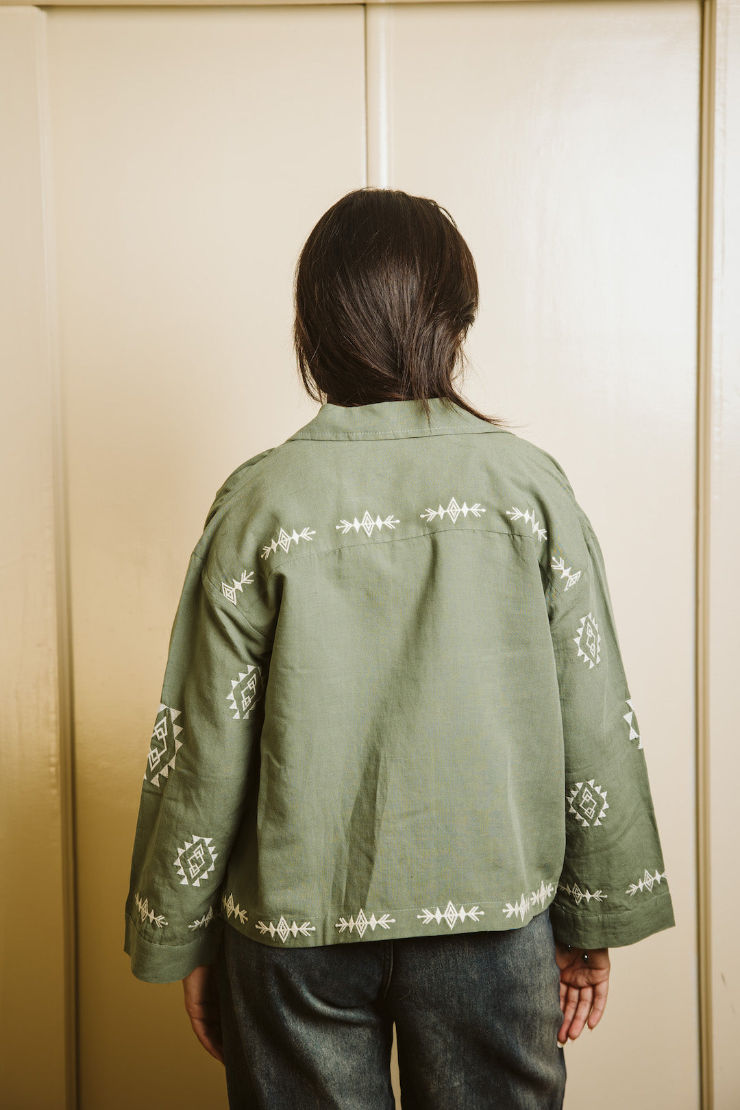 Embroidered Linen Summer Jacket - Olive