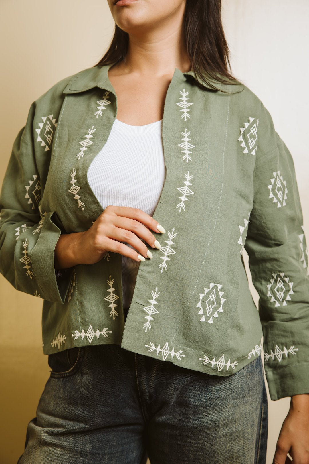 Embroidered Linen Summer Jacket - Olive