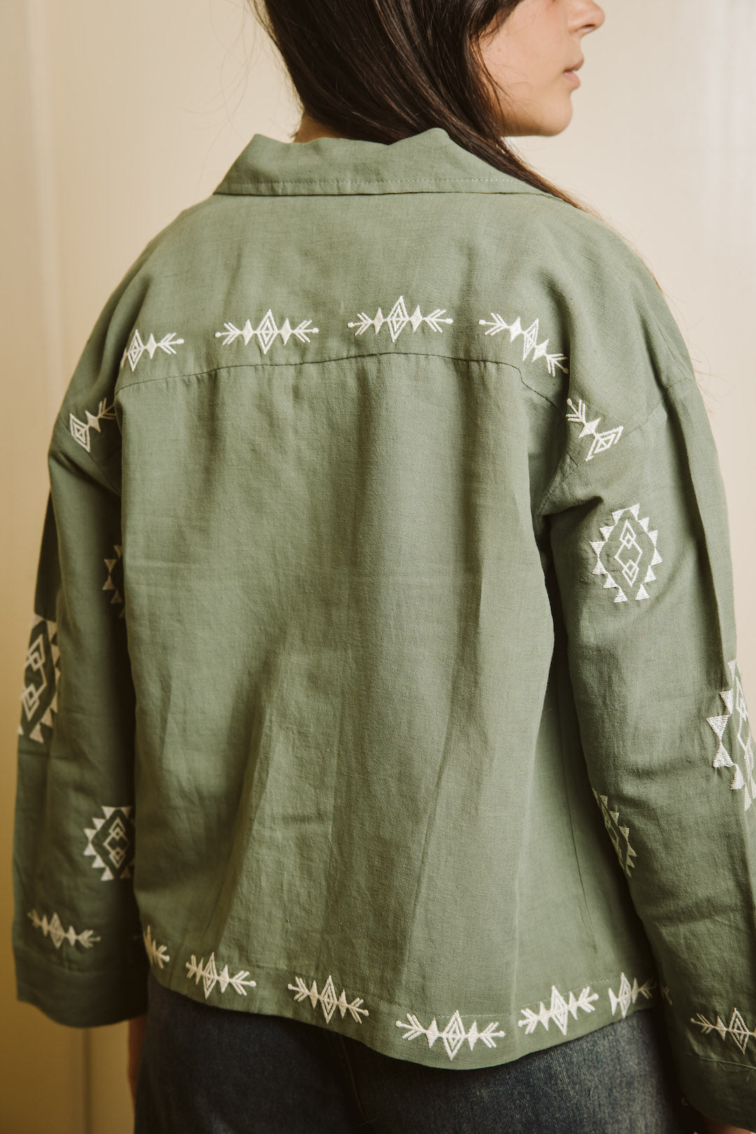 Embroidered Linen Summer Jacket - Olive