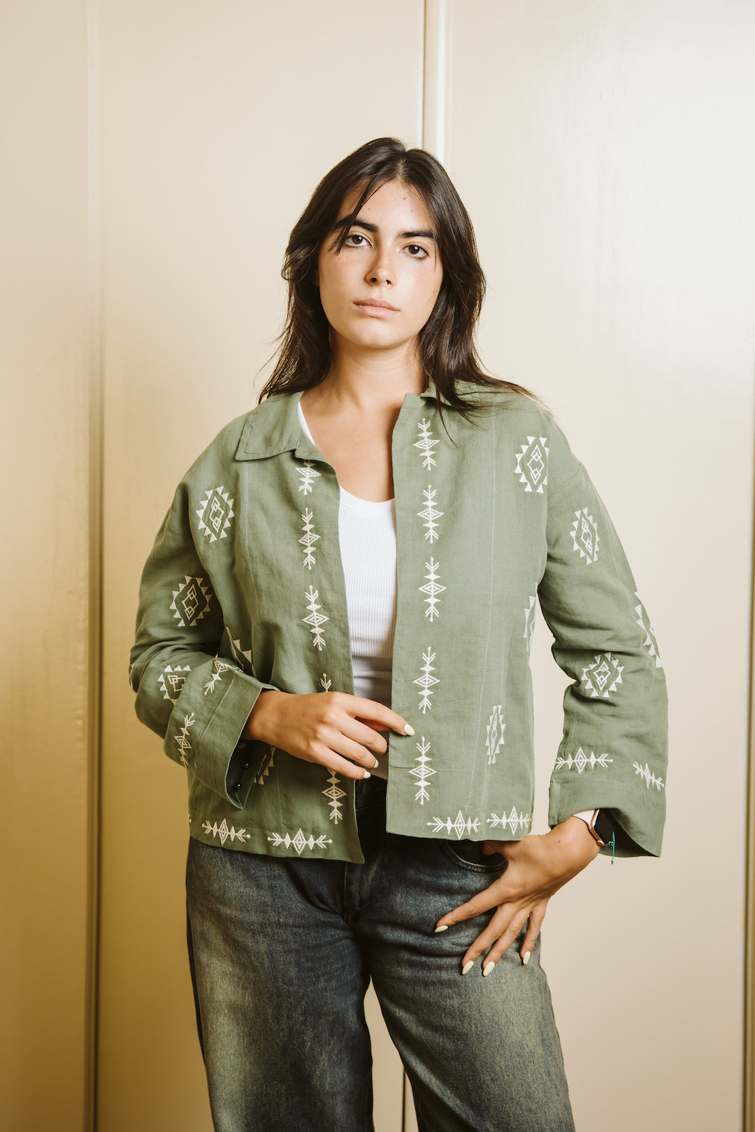 Embroidered Linen Summer Jacket - Olive
