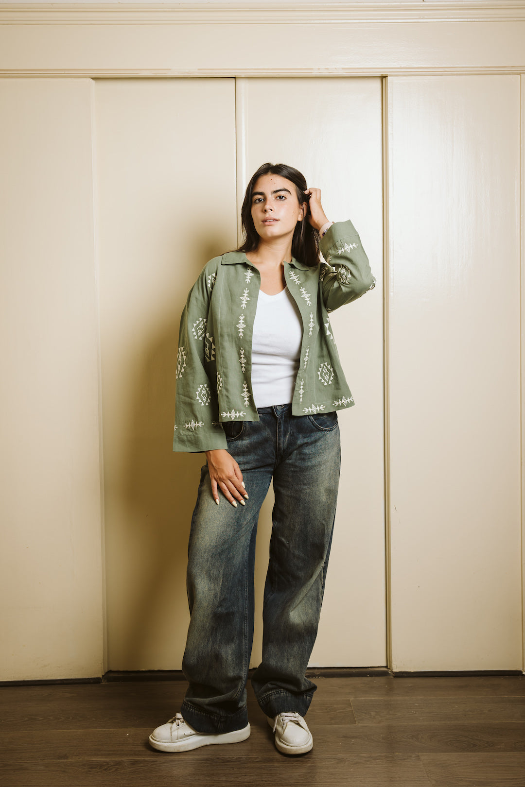 Embroidered Linen Summer Jacket - Olive