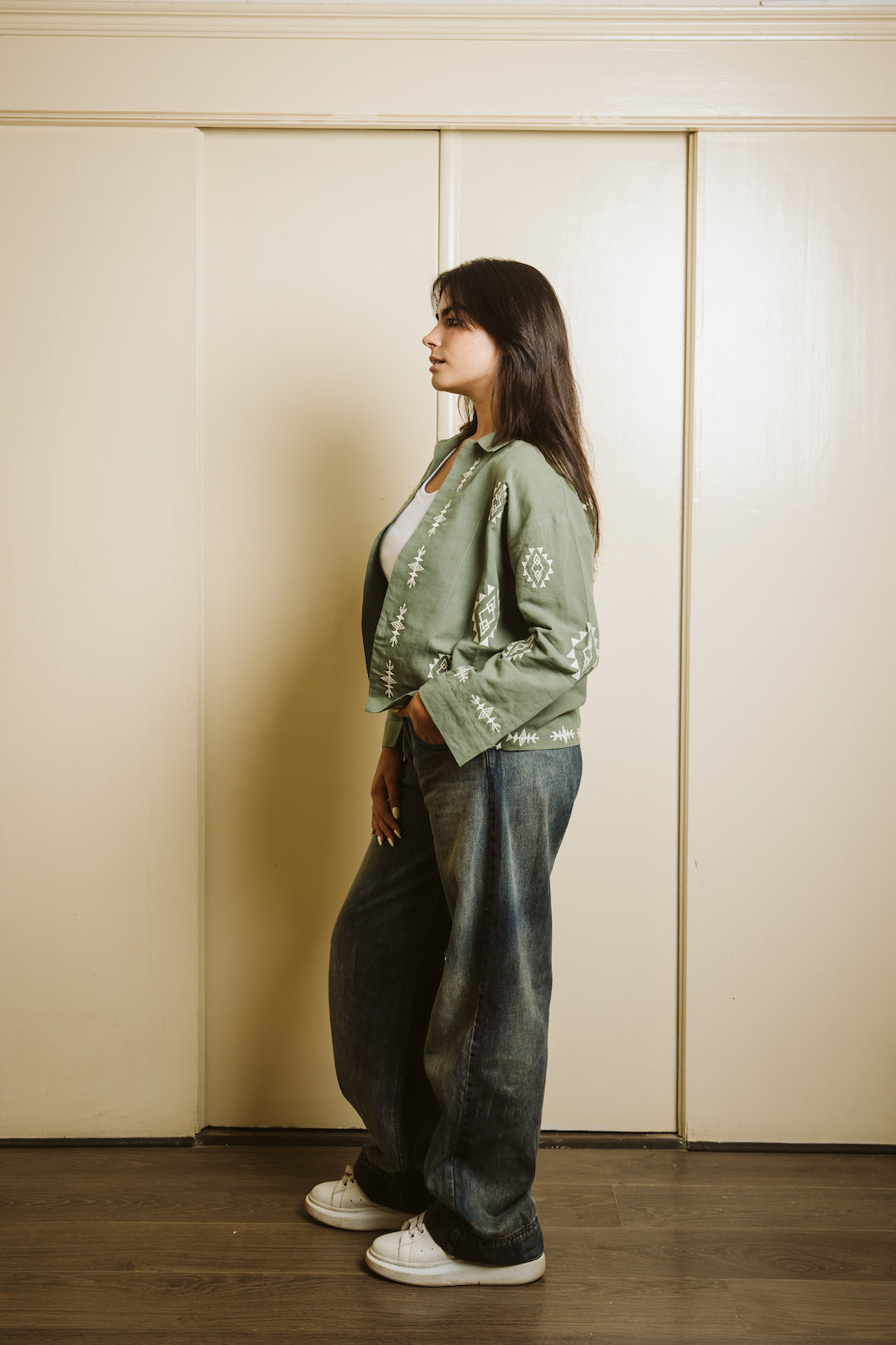 Embroidered Linen Summer Jacket - Olive