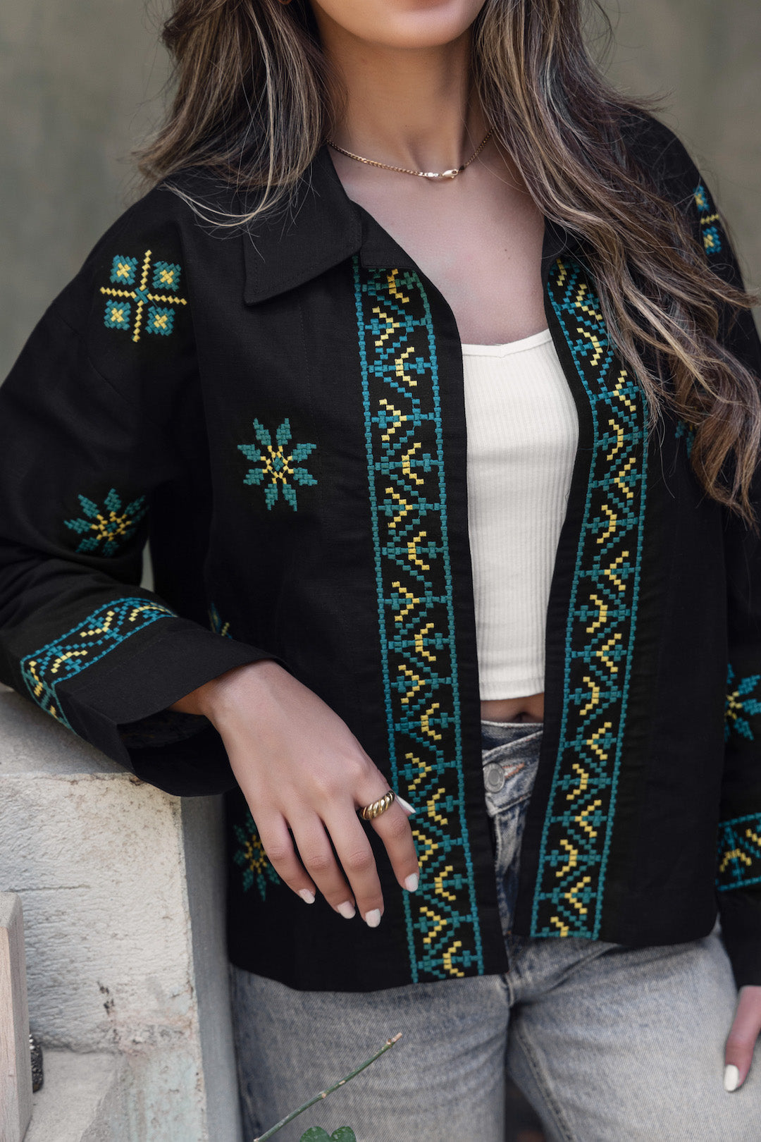 Black Summer Linen Embroidered Jacket