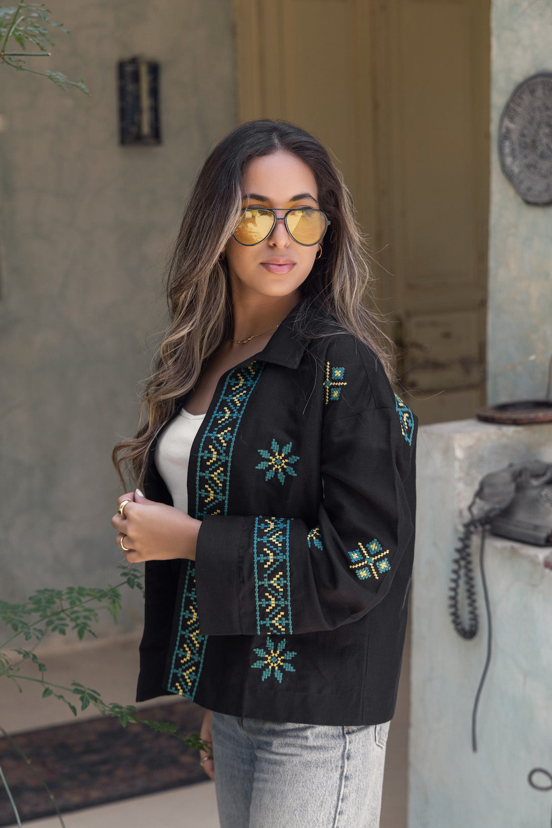 Black Summer Linen Embroidered Jacket