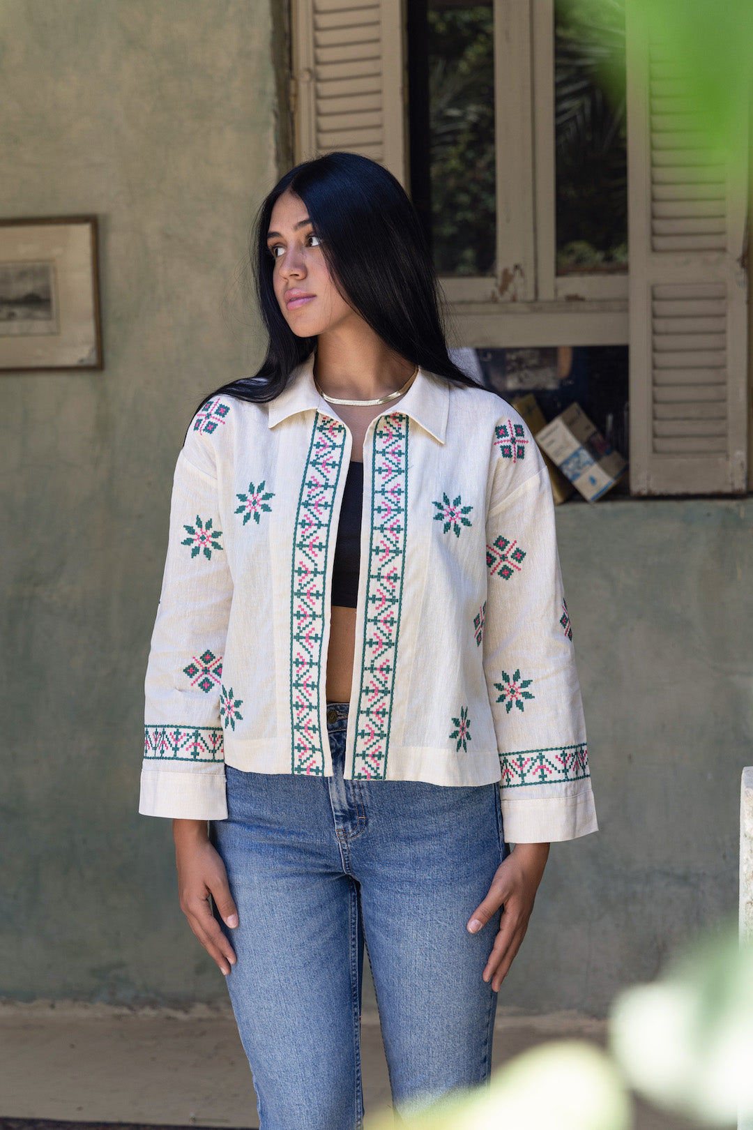 Beige Summer Linen Embroidered Jacket