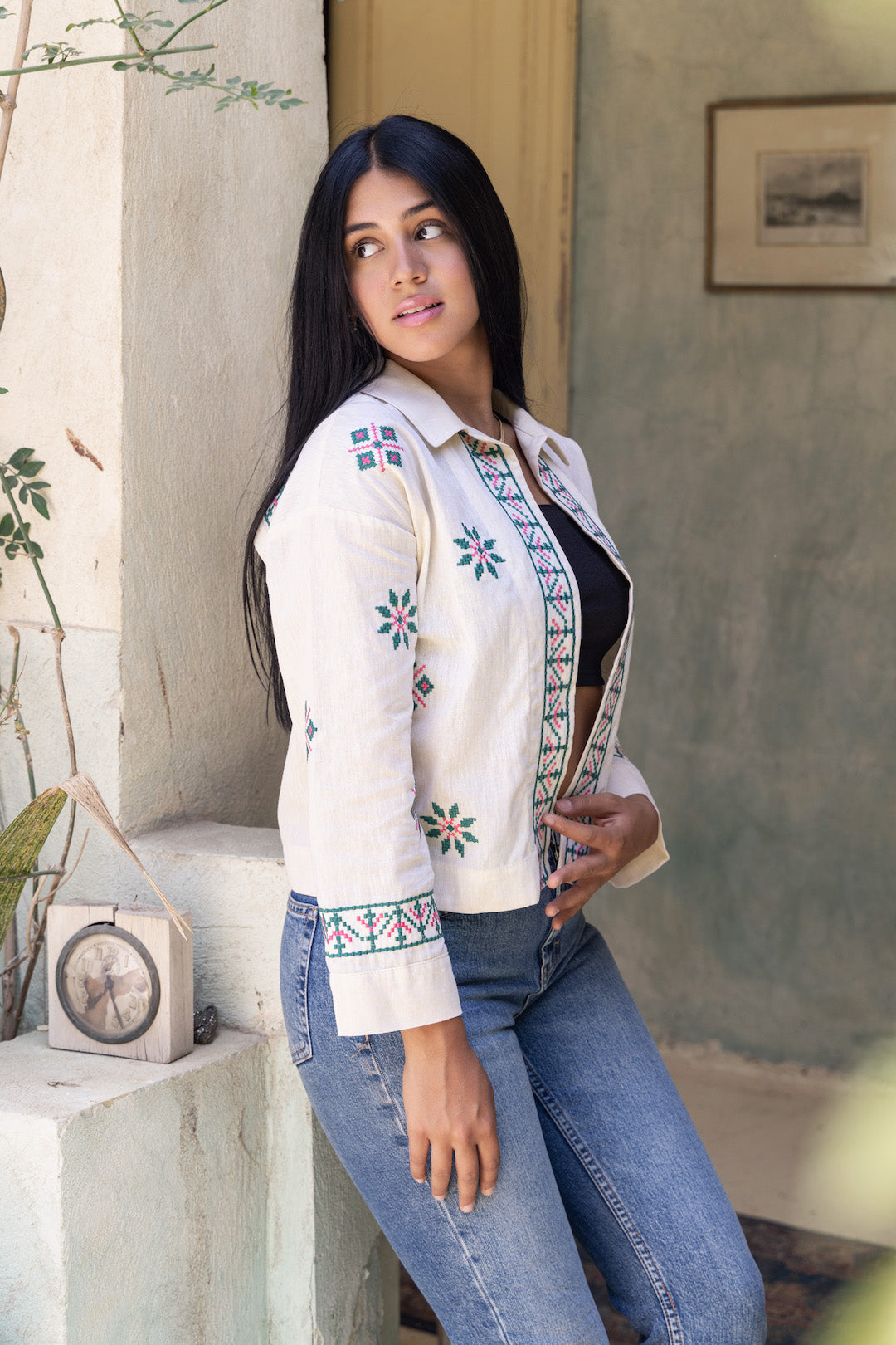 Beige Summer Linen Embroidered Jacket Callista