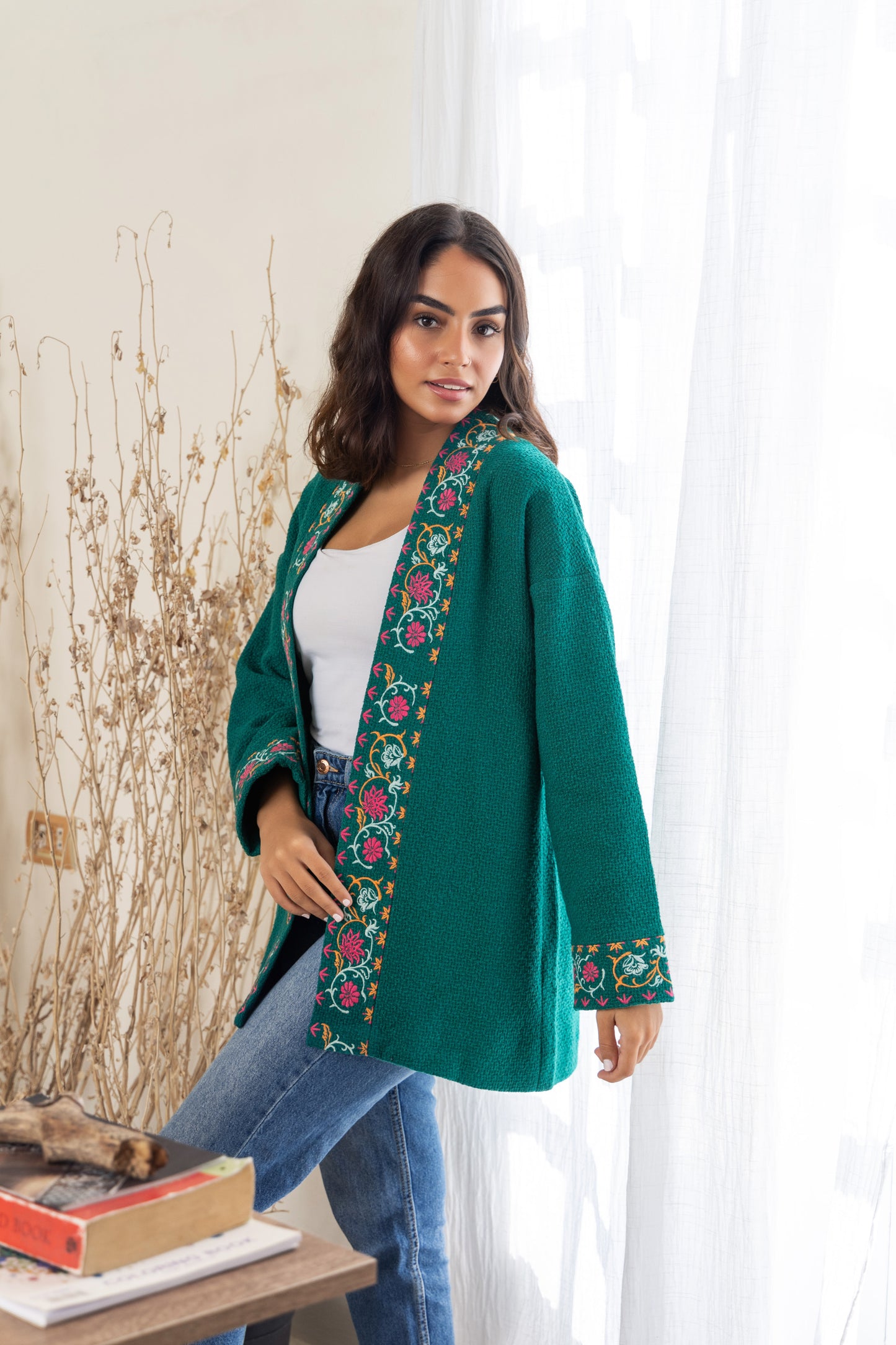Embroidered Tweed Coat - Green