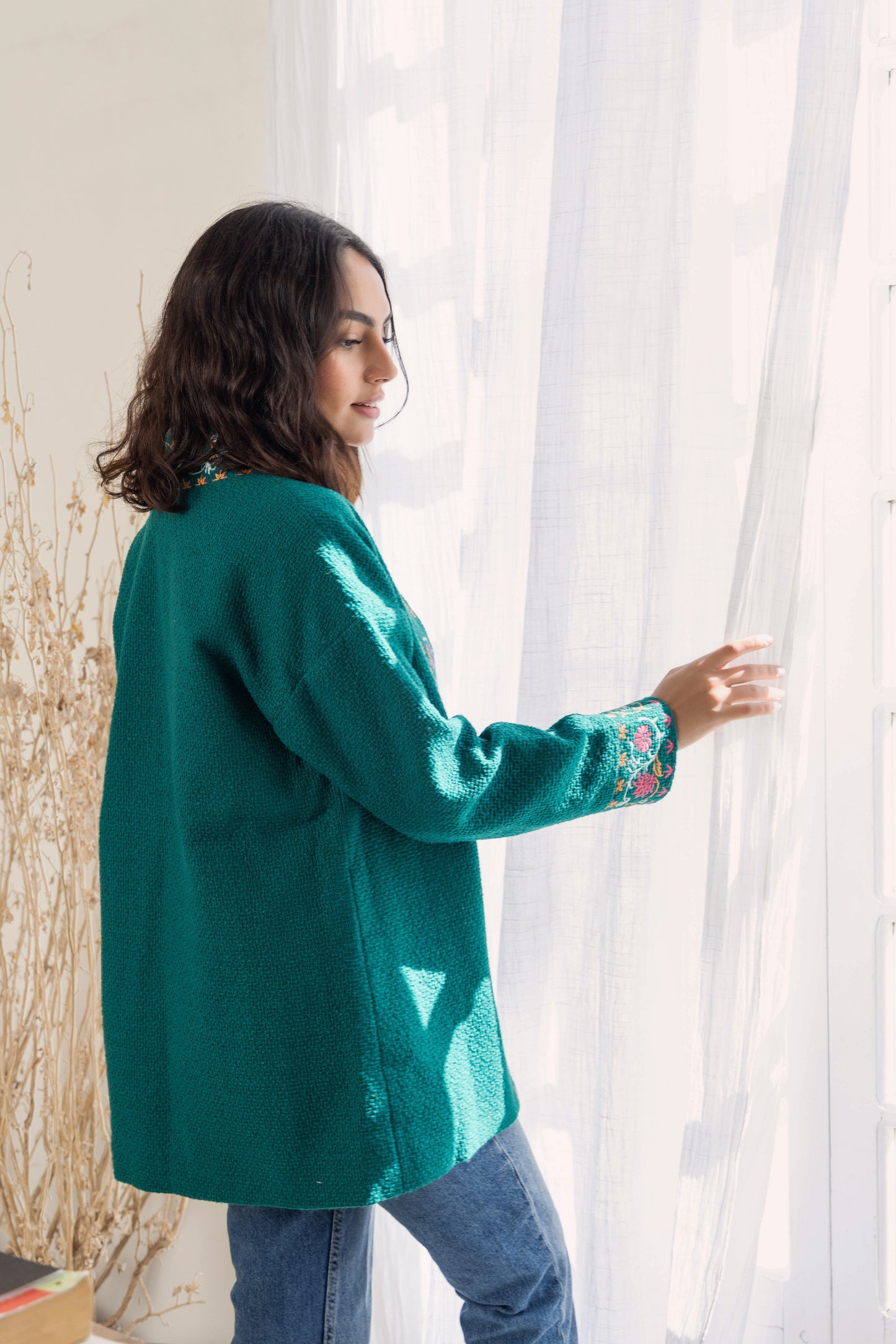 Embroidered Tweed Coat - Green