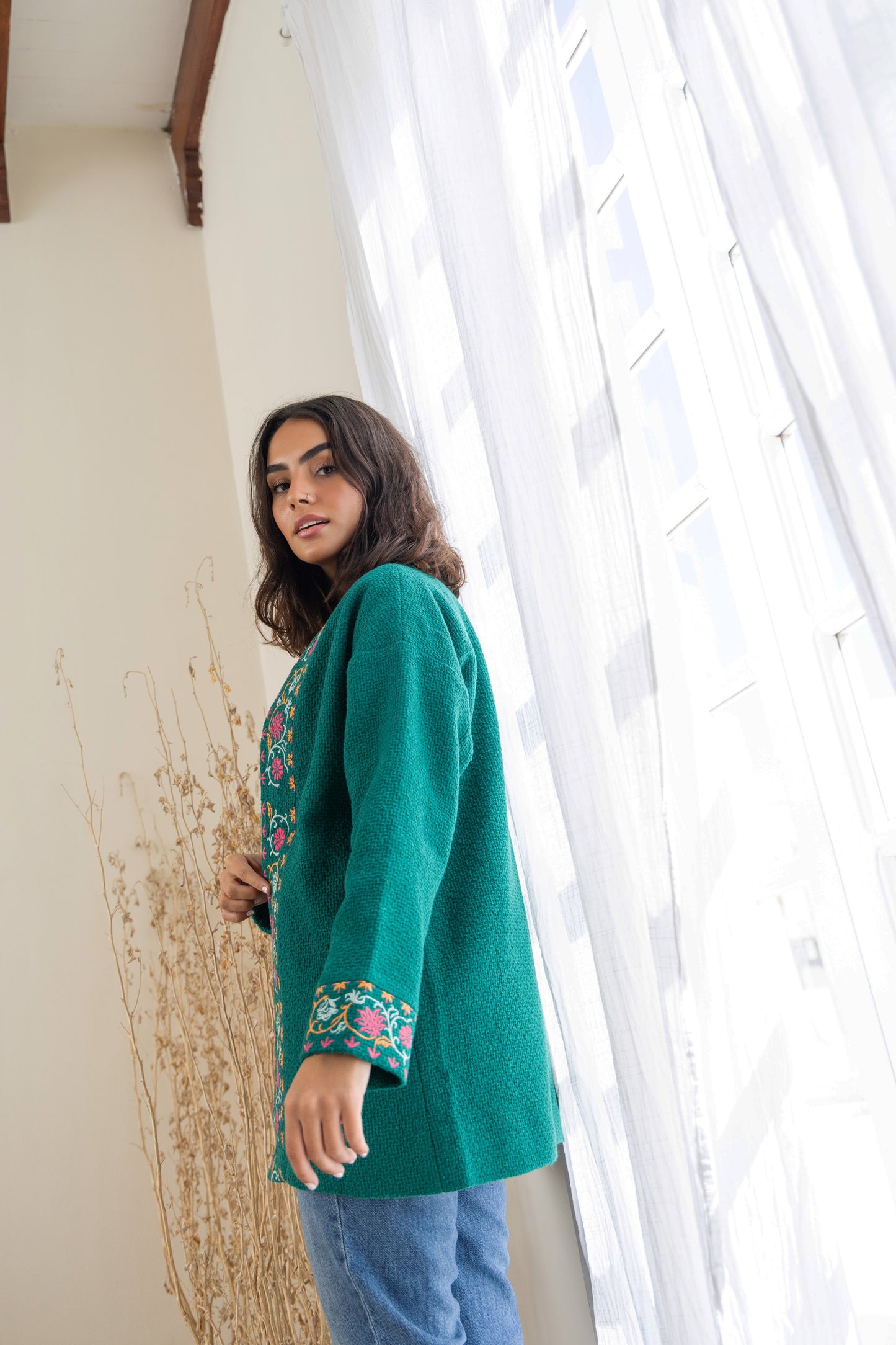 Embroidered Tweed Coat - Green