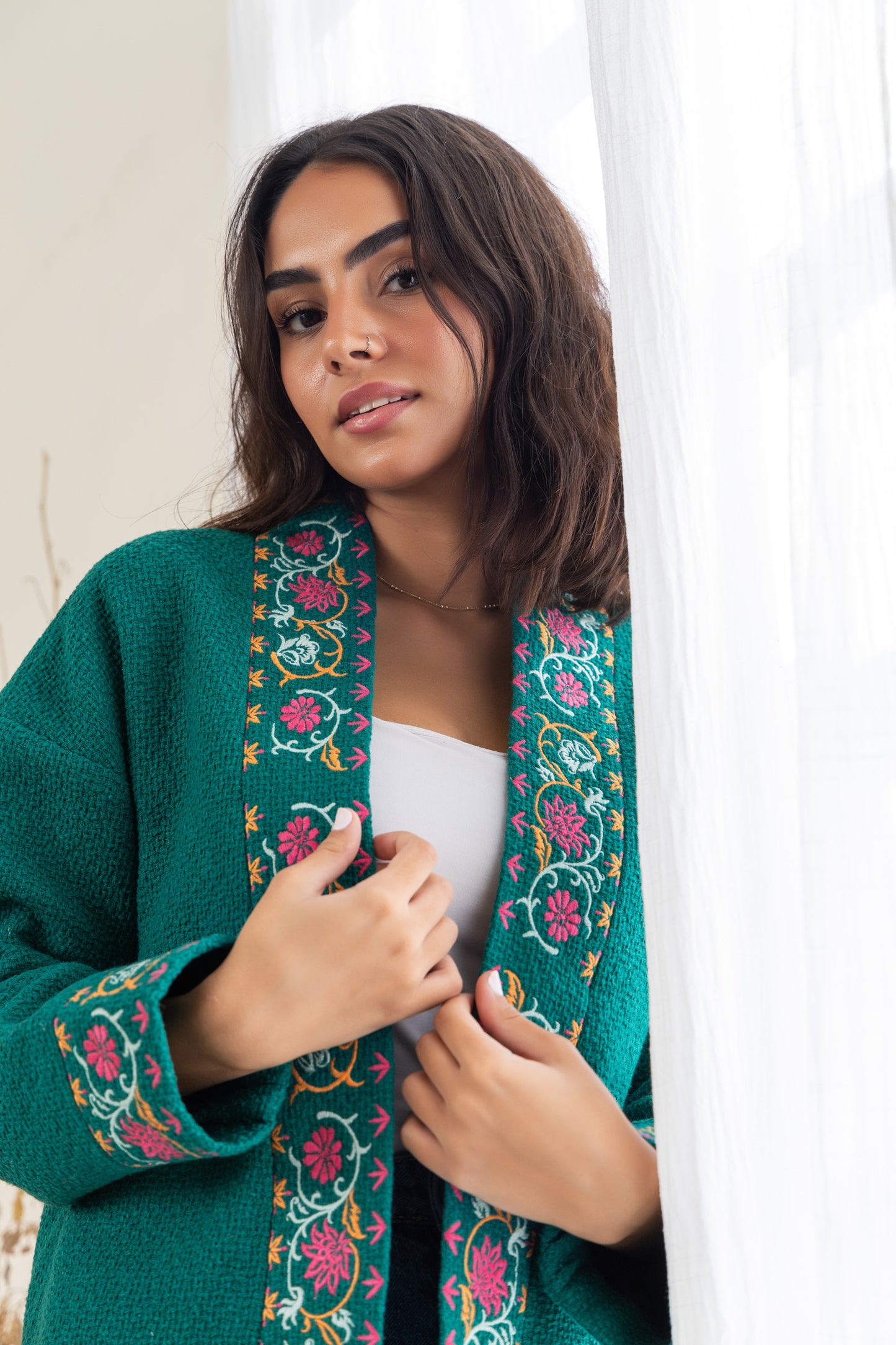 Embroidered Tweed Coat - Green