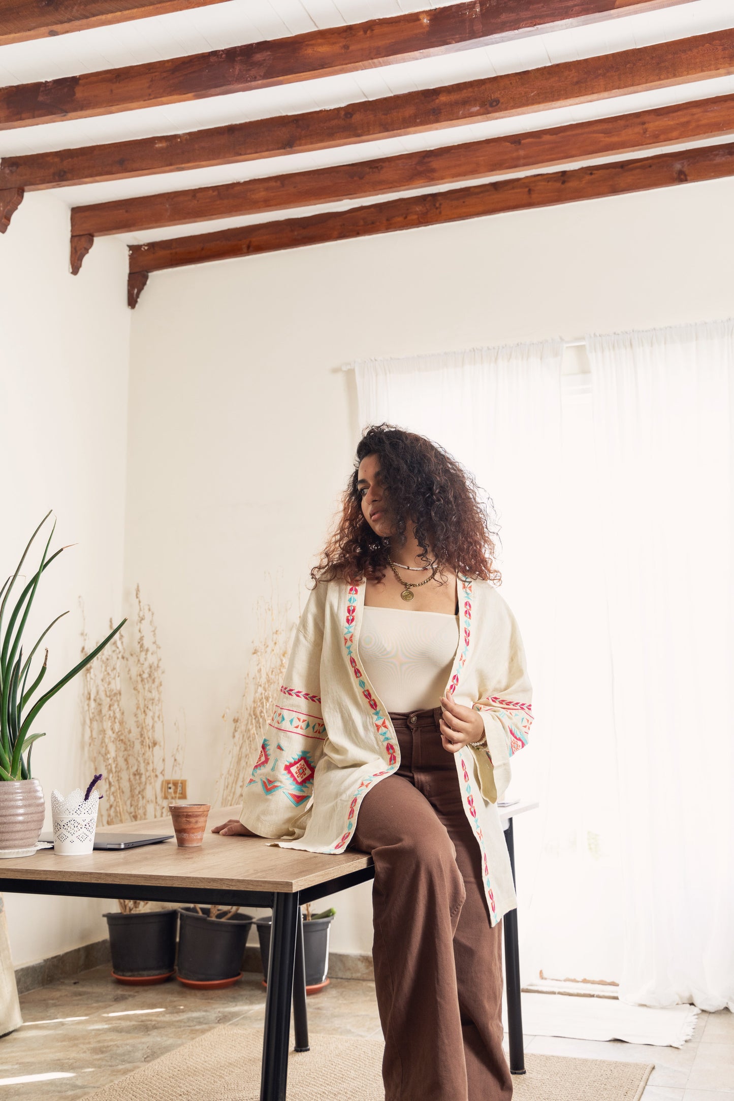 Beige Long Embroidered Linen Kimono
