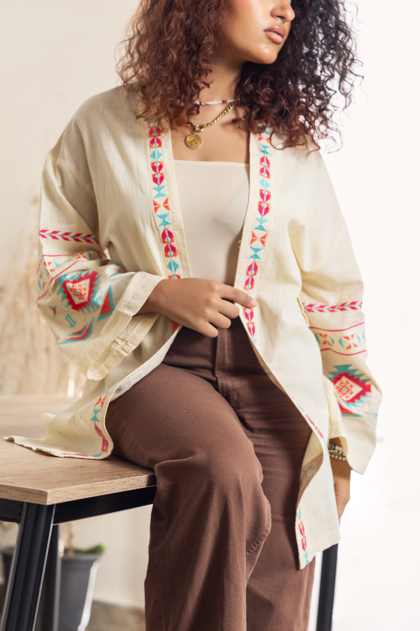 Beige Long Embroidered Linen Kimono