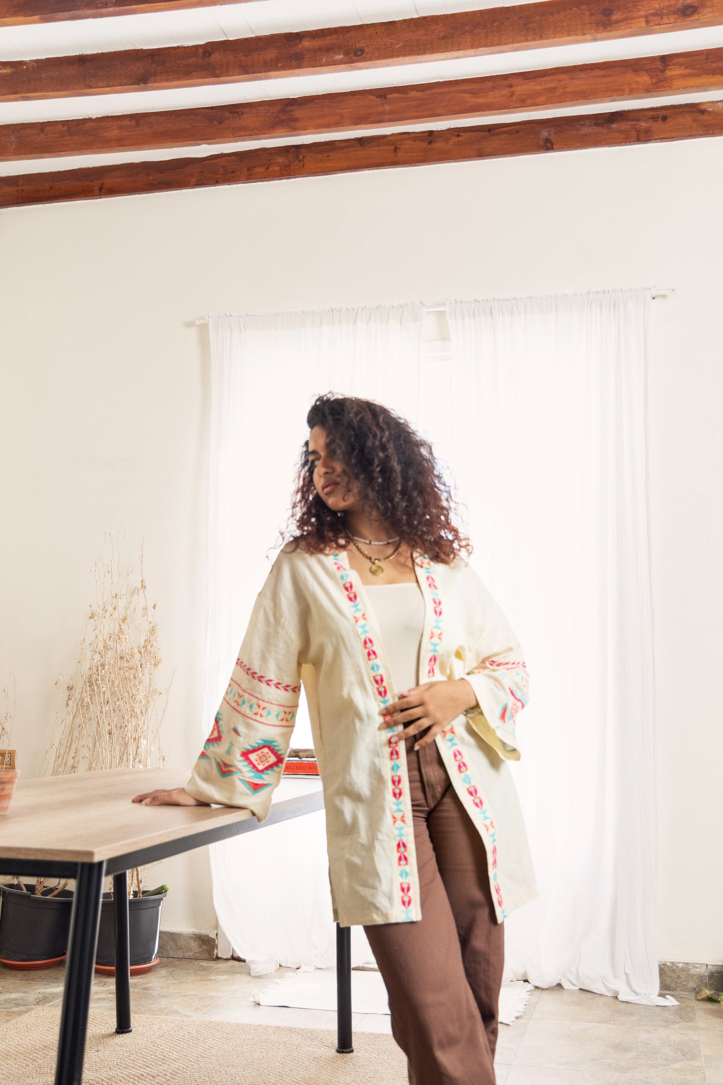 Beige Long Embroidered Linen Kimono