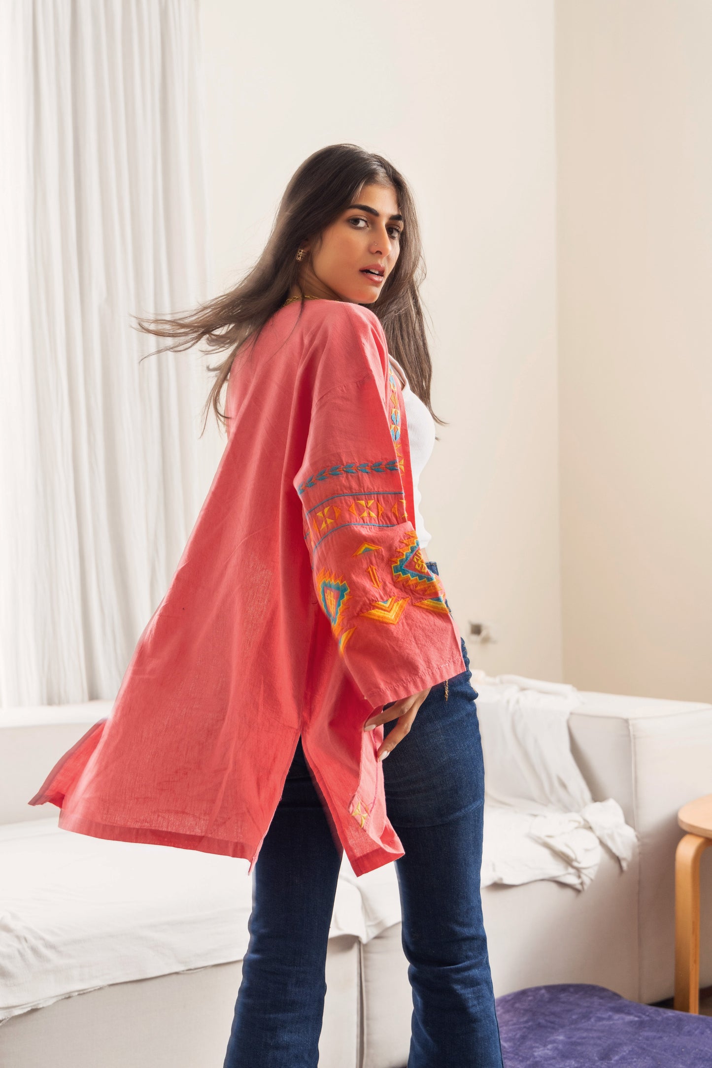 Pink Long Embroidered Linen Kimono