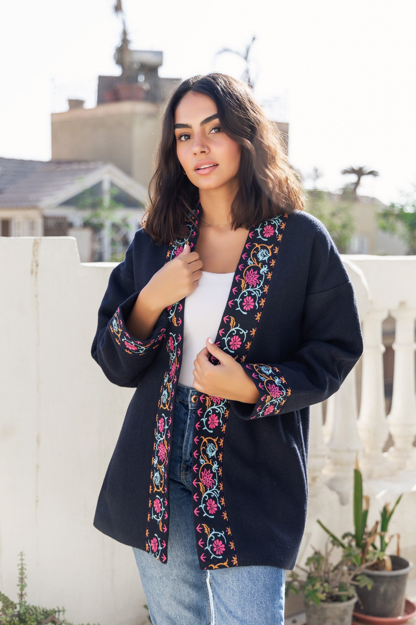 Embroidered Wool Coat - Dark Blue