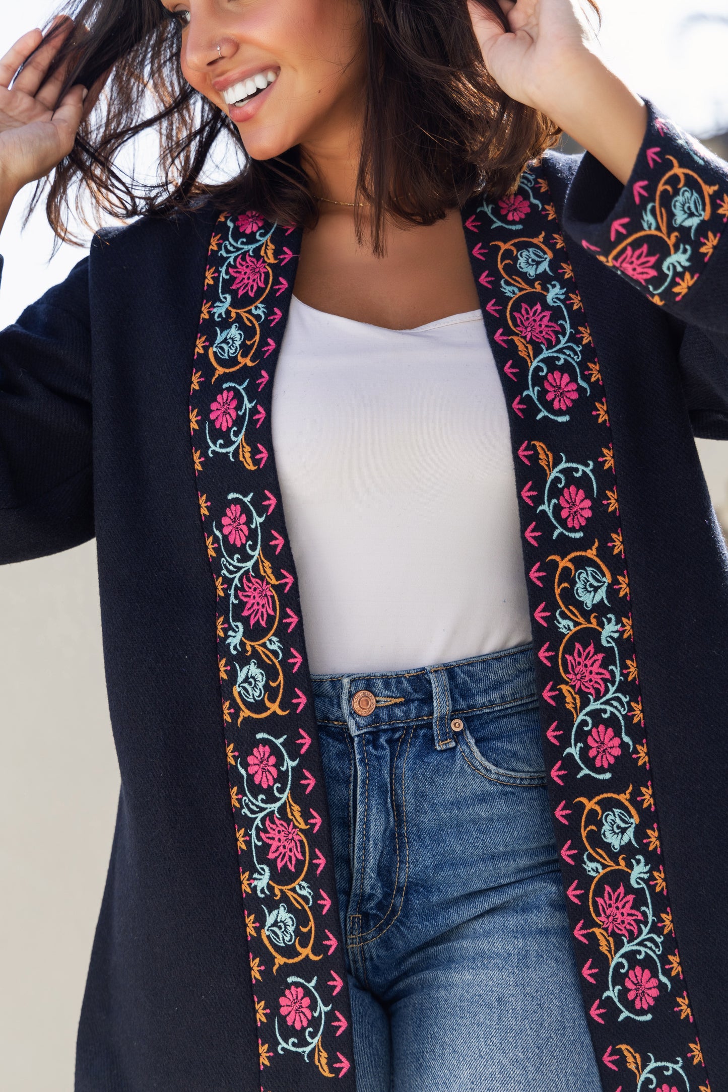 Embroidered Wool Coat - Dark Blue