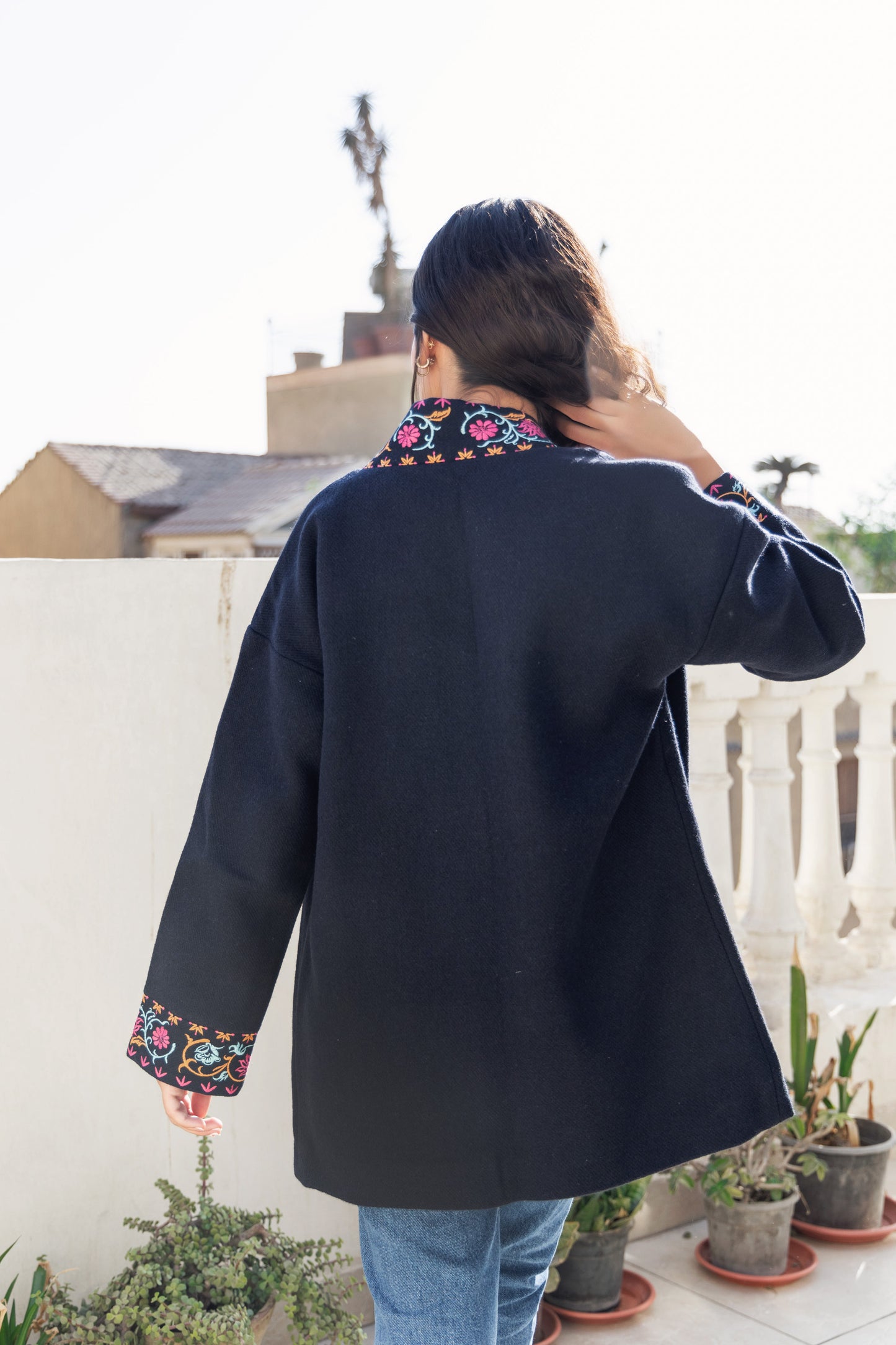 Embroidered Wool Coat - Dark Blue