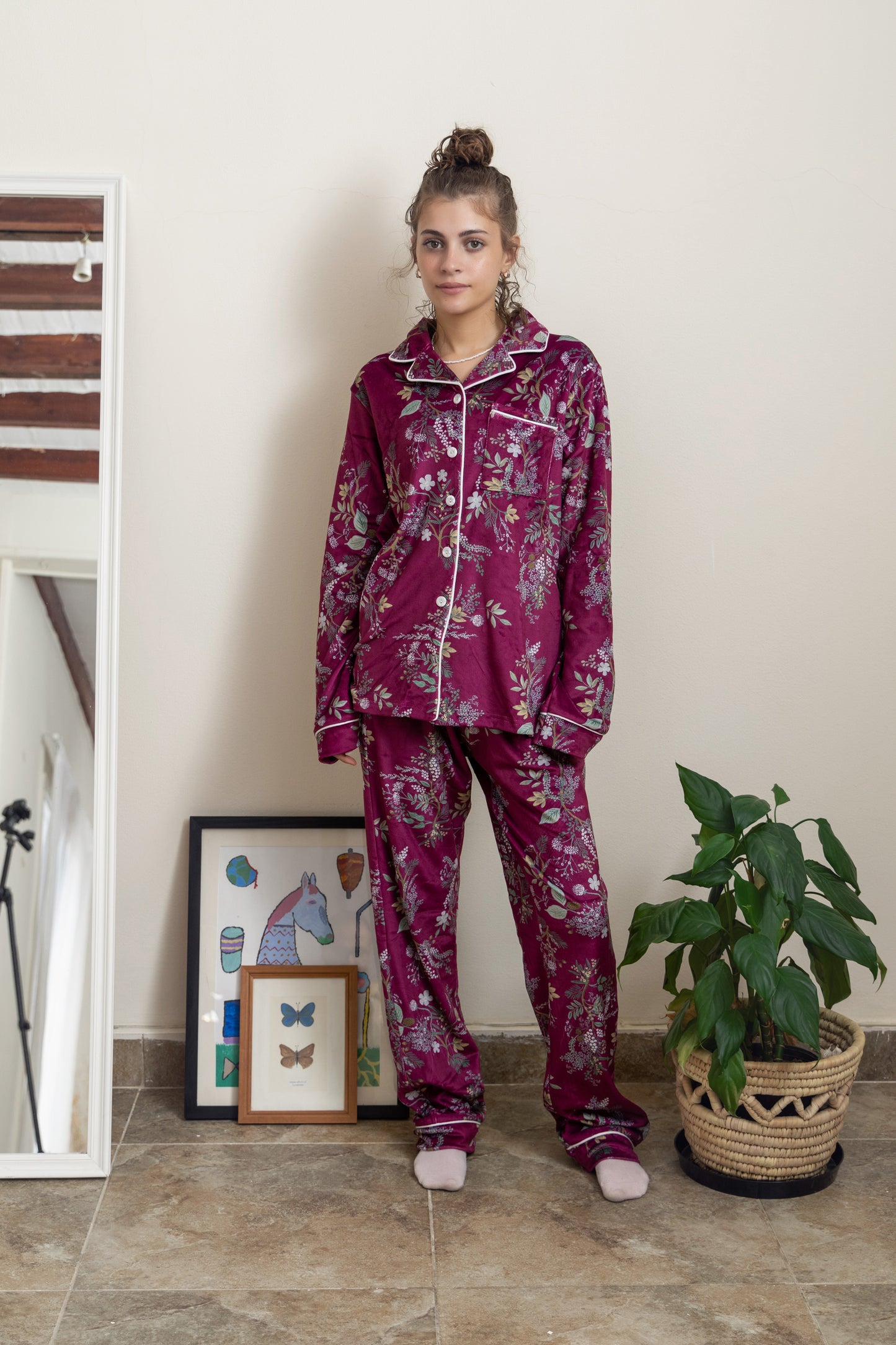 Floral burgundy Buttoned PJ