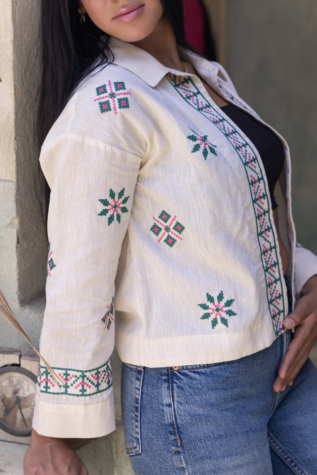 Beige Summer Linen Embroidered Jacket