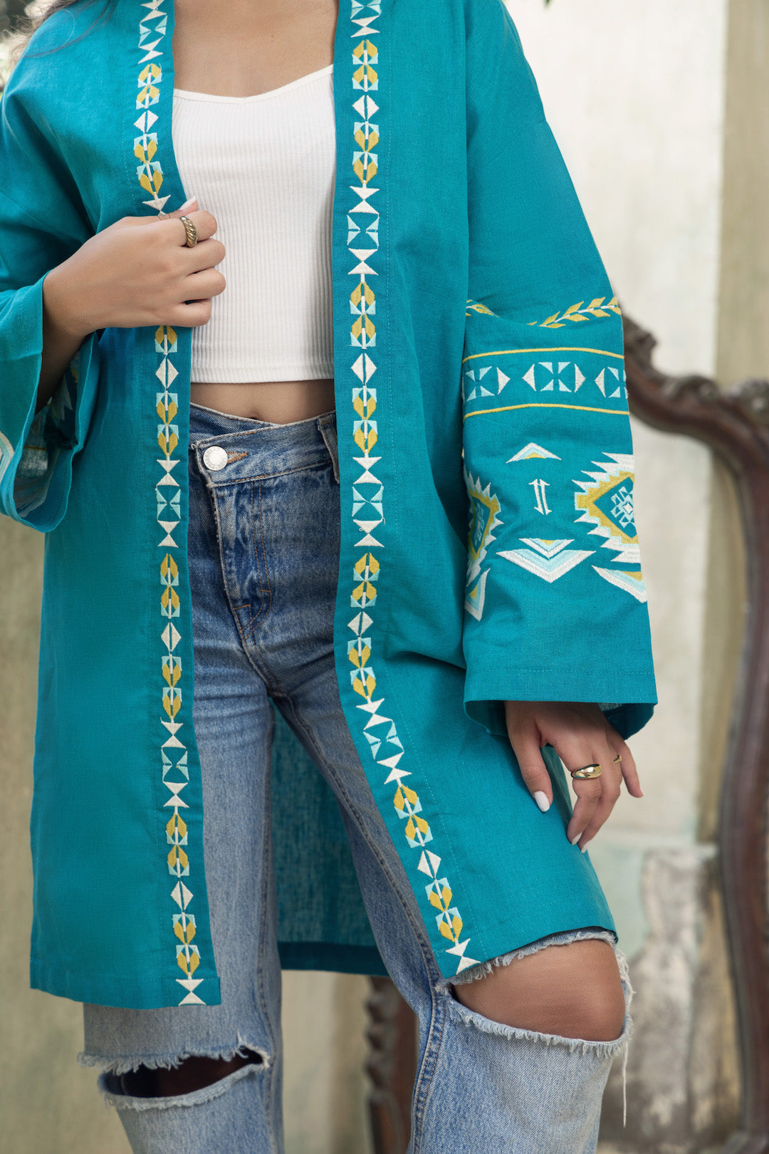 Turquoise Long Embroidered Linen Kimono