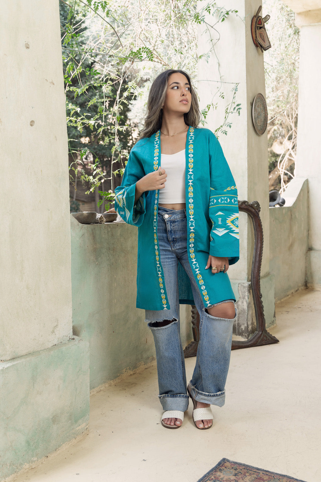 Turquoise Long Embroidered Linen Kimono