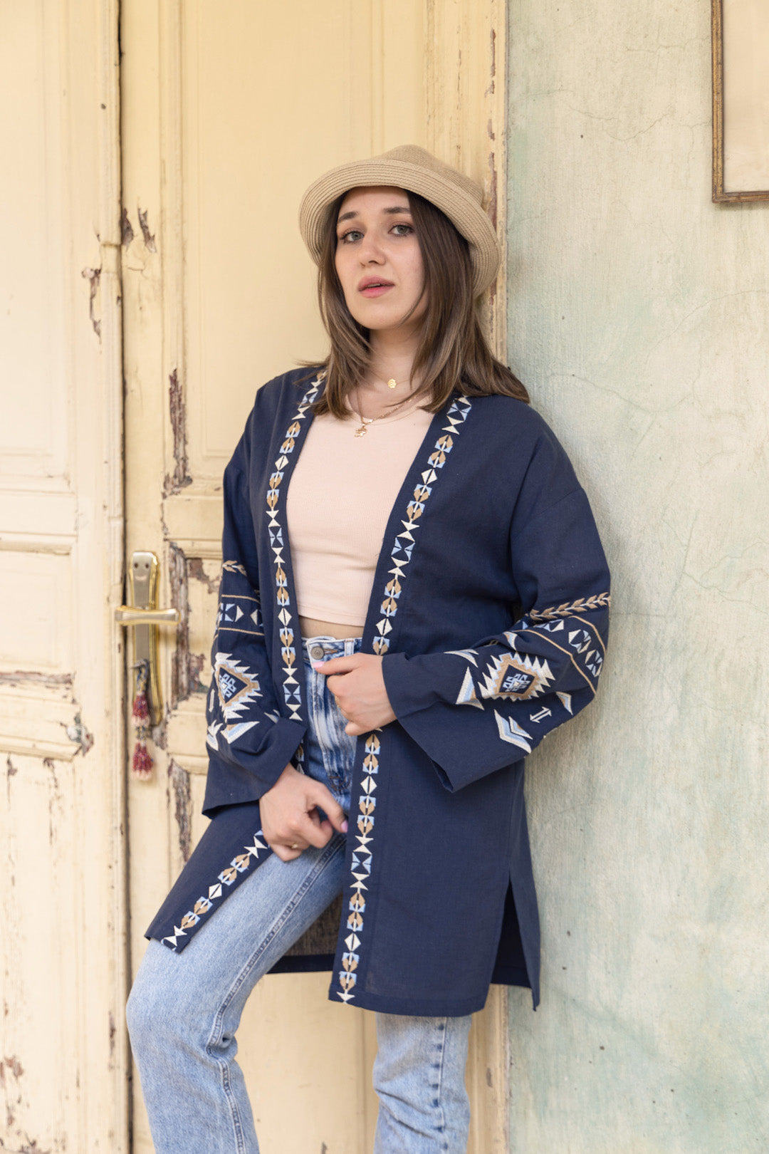 Dark Blue Long Embroidered Linen Kimono