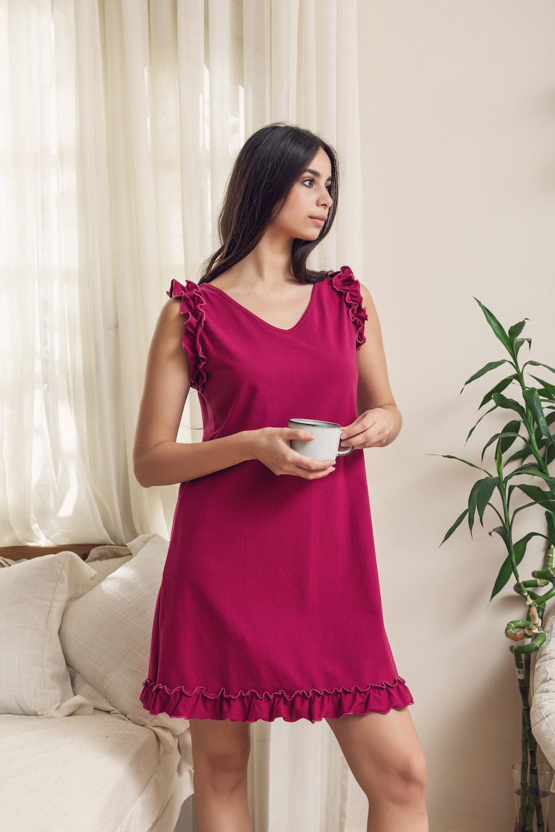 Burgundy Sleeveless Nightshirt with Ruffles