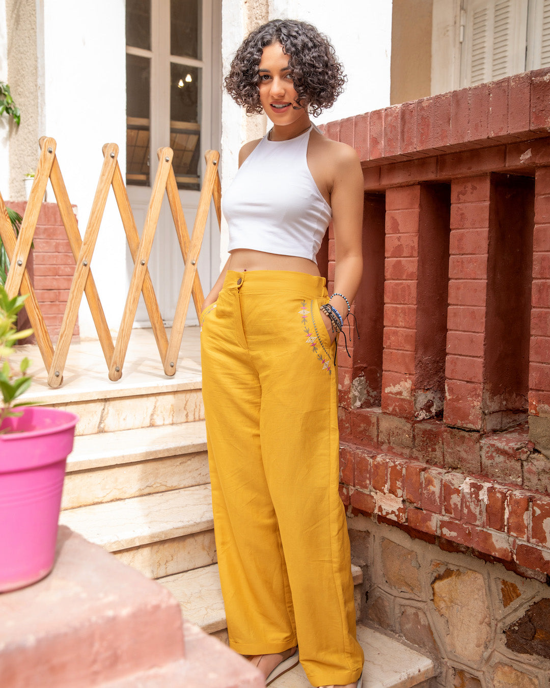 Embroidered Linen Pants - Mustard