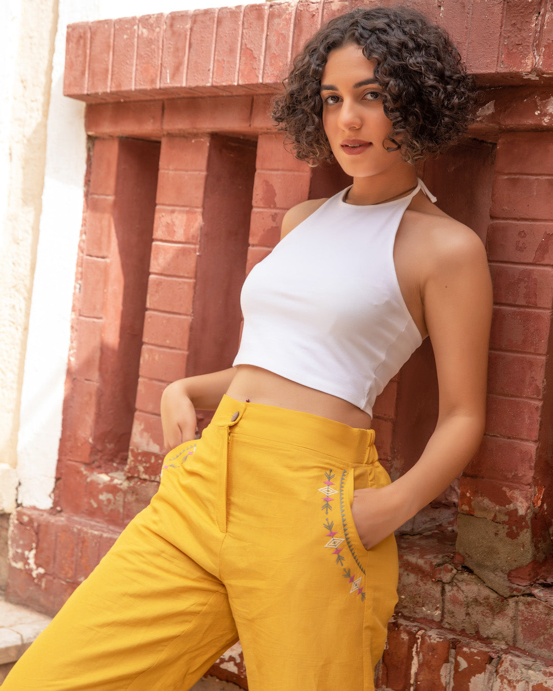 Embroidered Linen Pants - Mustard