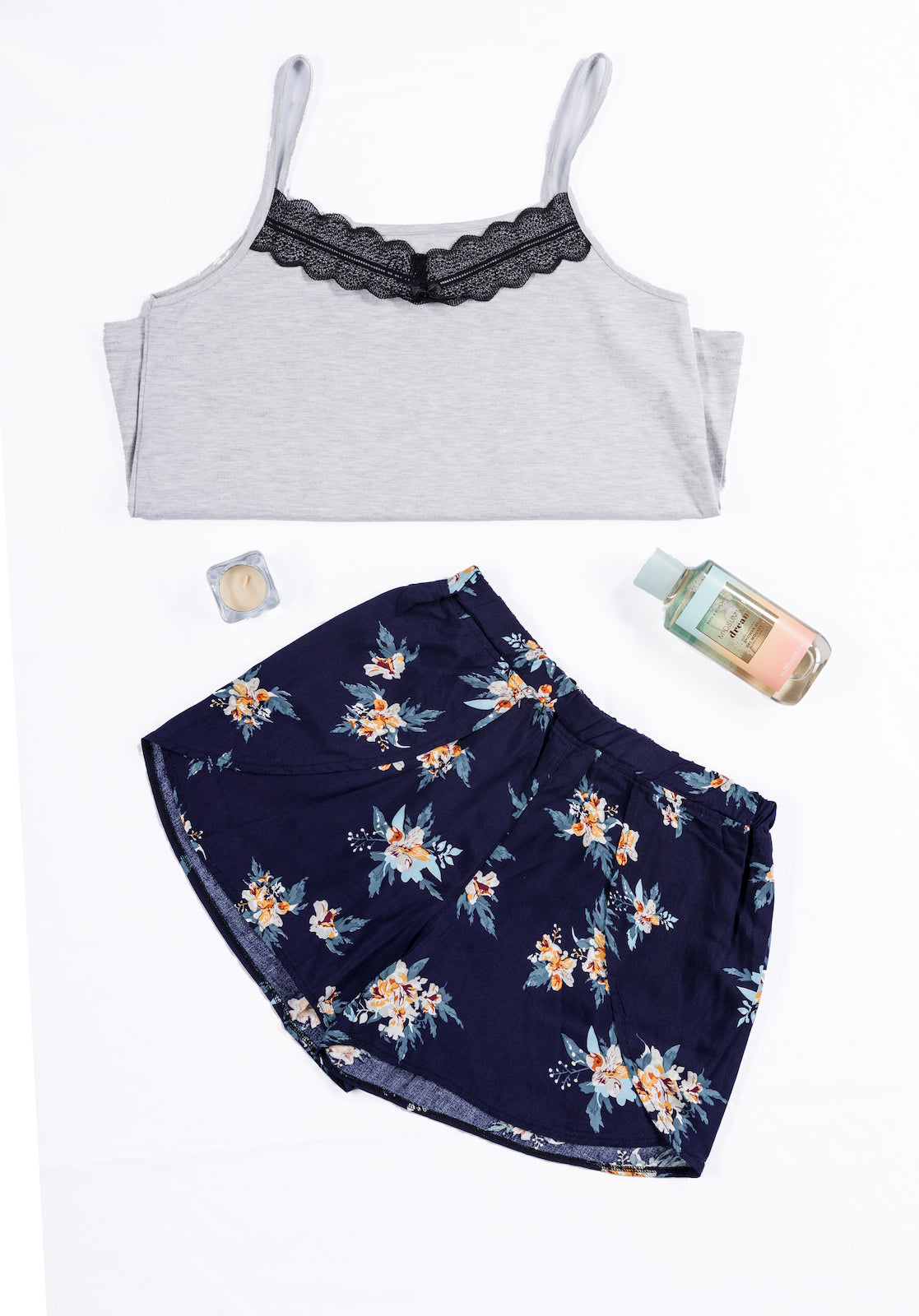 Floral Pyjama (Top-Overlap Shorts) - Grey