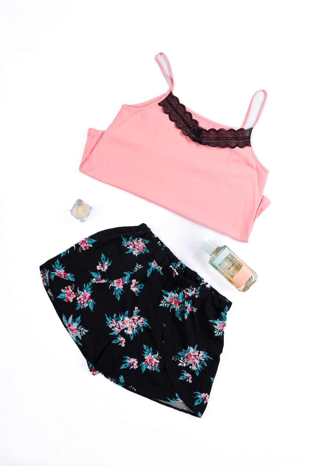 Floral Pyjama (Top-Overlap Shorts) - Black