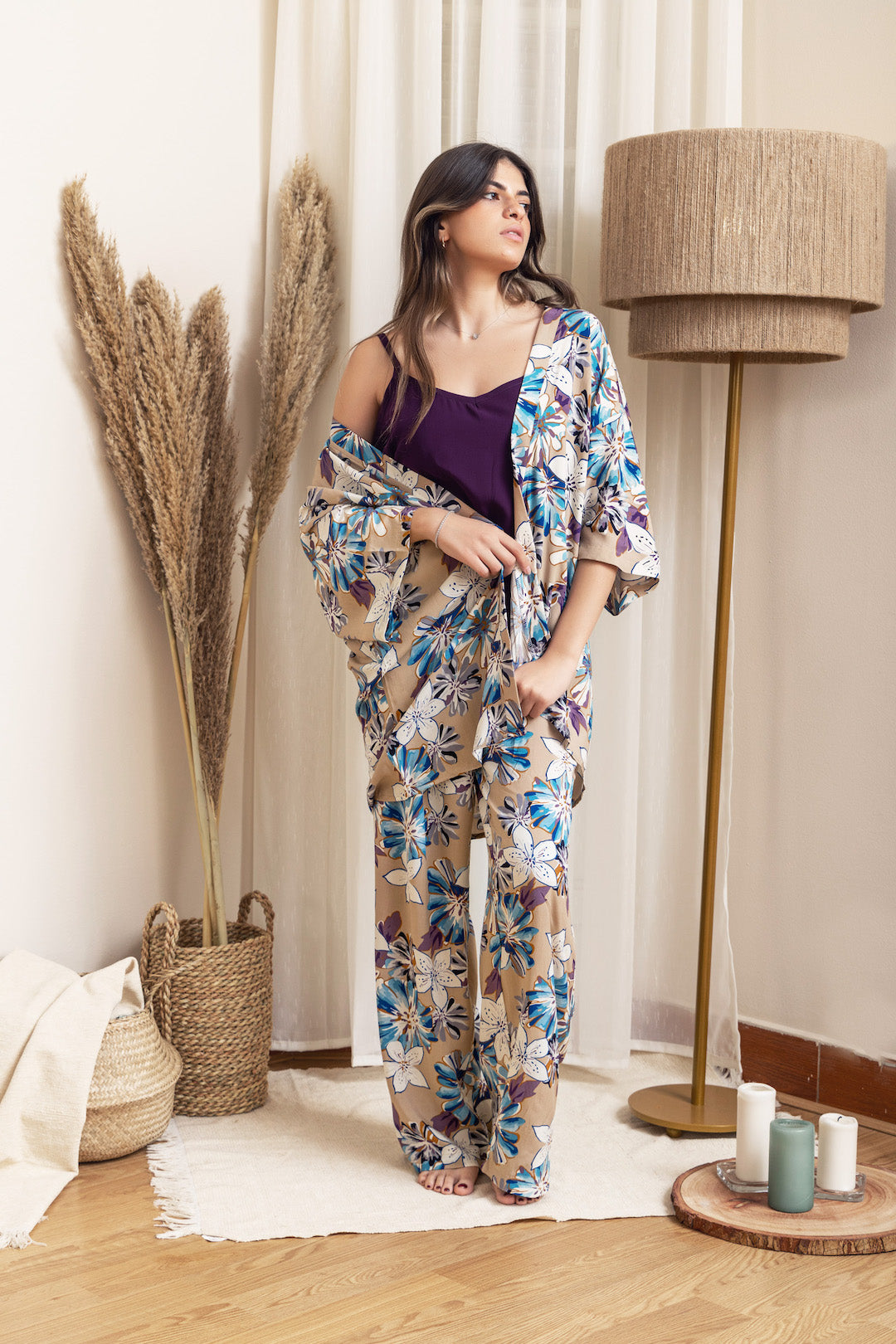 Kimono PJ Set Strap Top - Beige