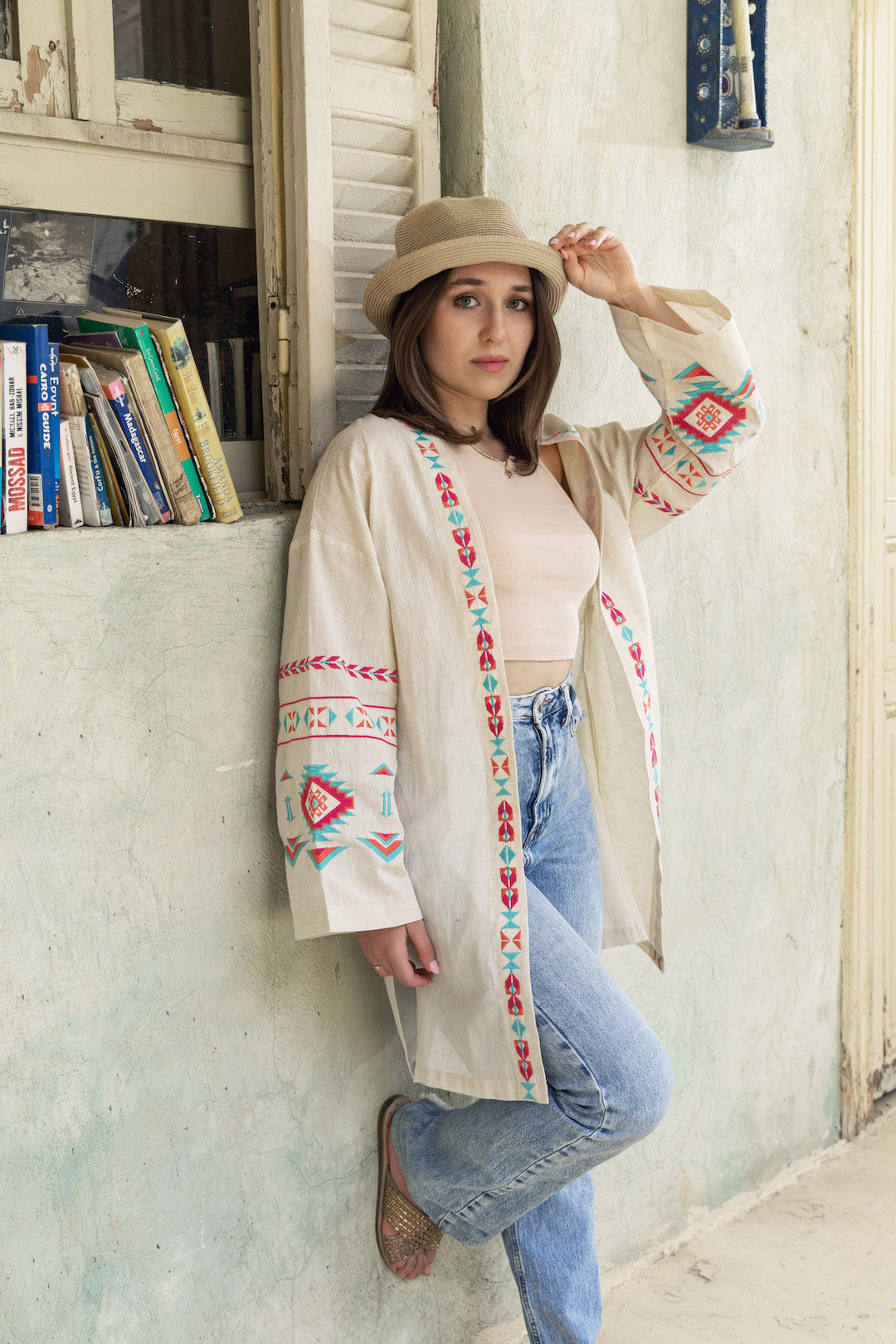 Beige Long Embroidered Linen Kimono