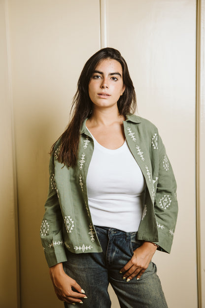 Embroidered Linen Summer Jacket - Olive