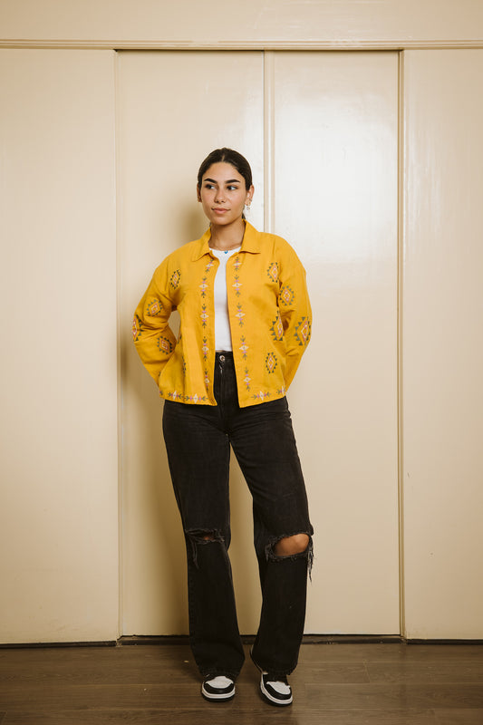 Embroidered Linen Summer Jacket - Mustard
