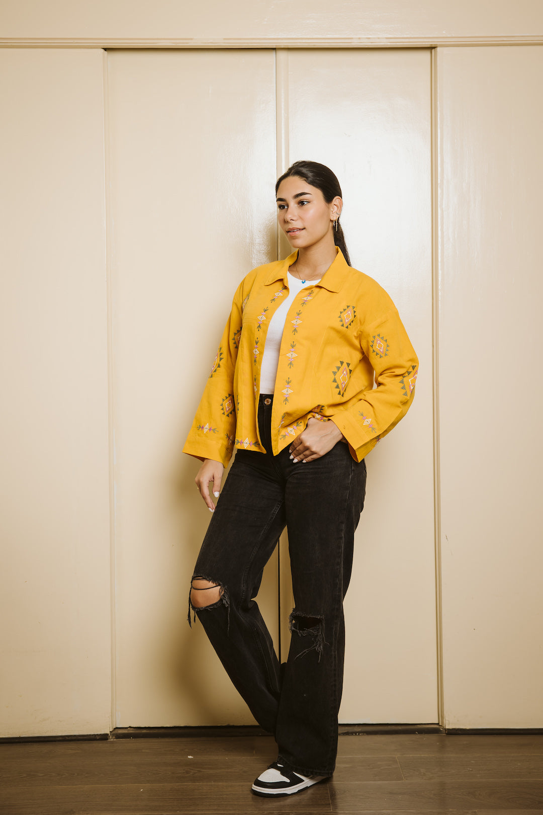 Embroidered Linen Summer Jacket - Mustard