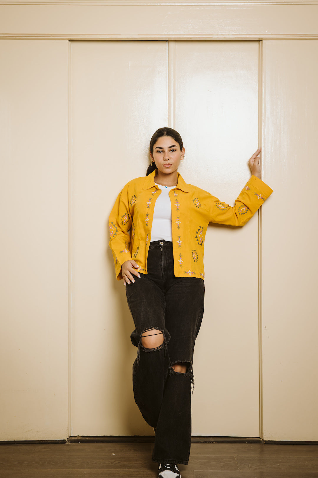 Embroidered Linen Summer Jacket - Mustard