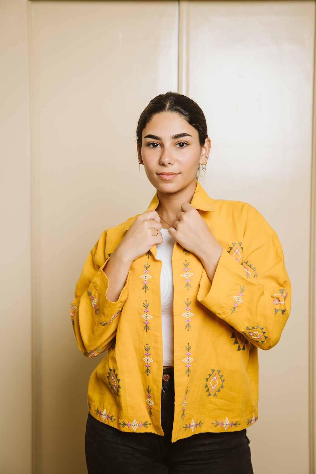 Embroidered Linen Summer Jacket - Mustard
