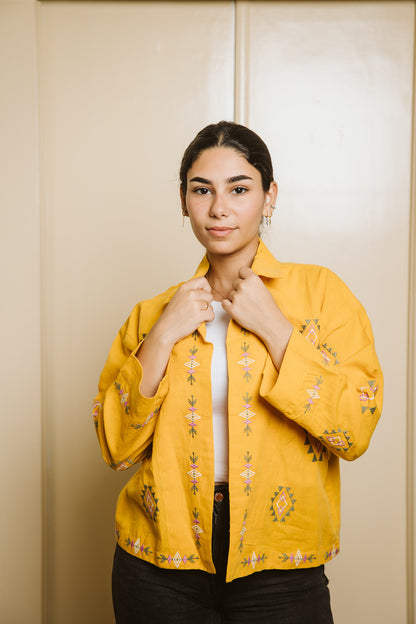 Embroidered Linen Summer Jacket - Mustard