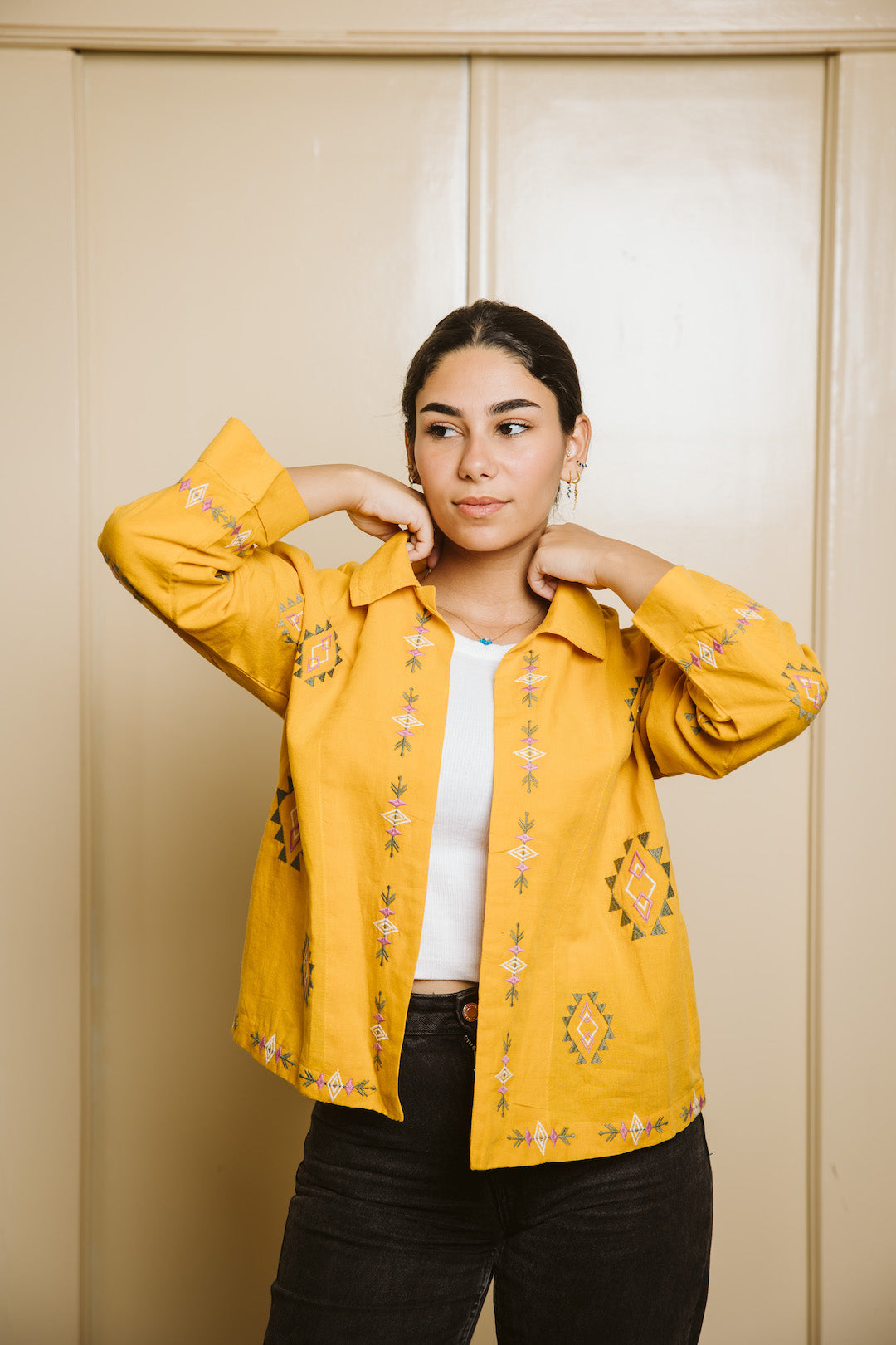 Embroidered Linen Summer Jacket - Mustard