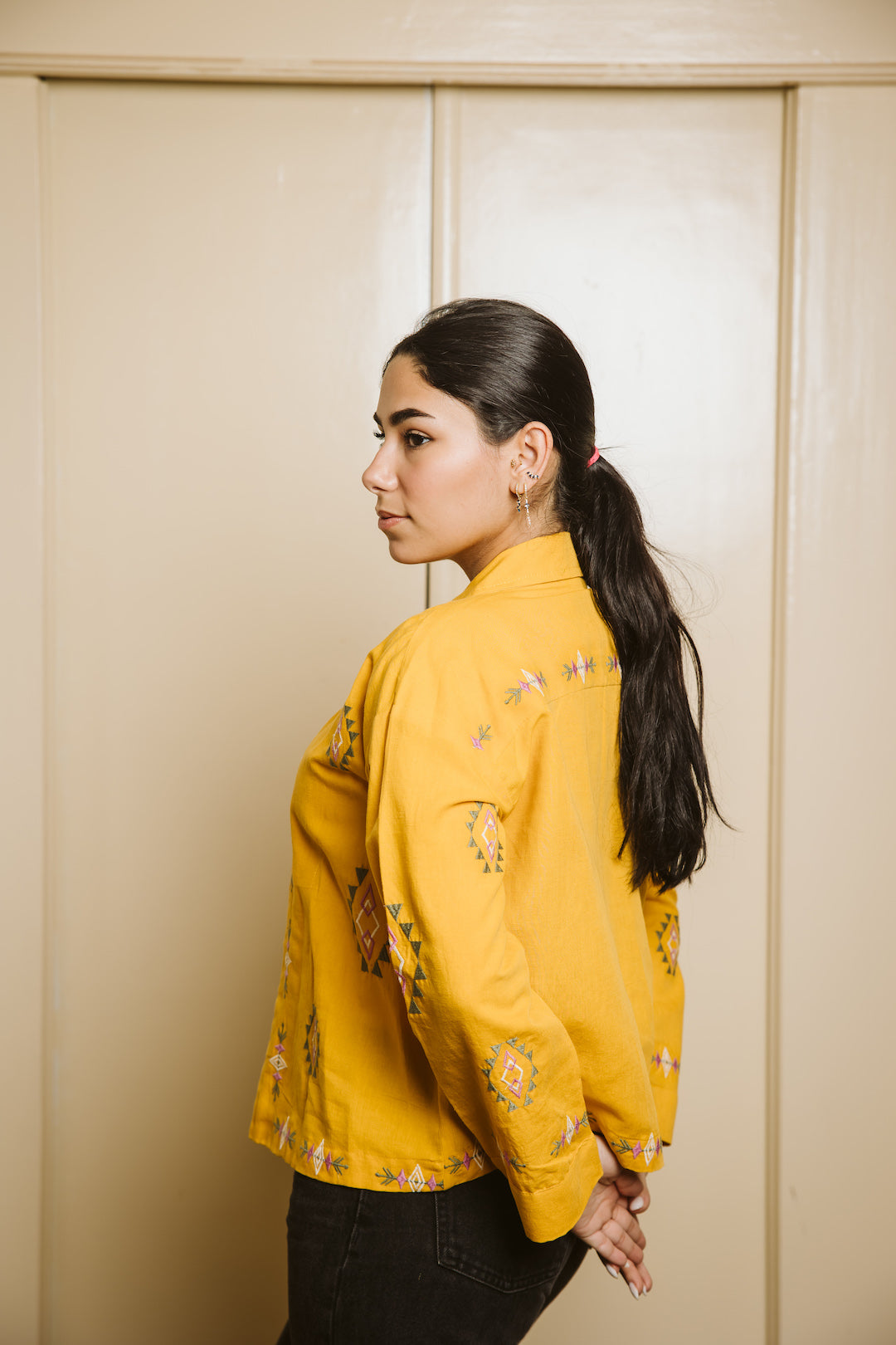 Embroidered Linen Summer Jacket - Mustard