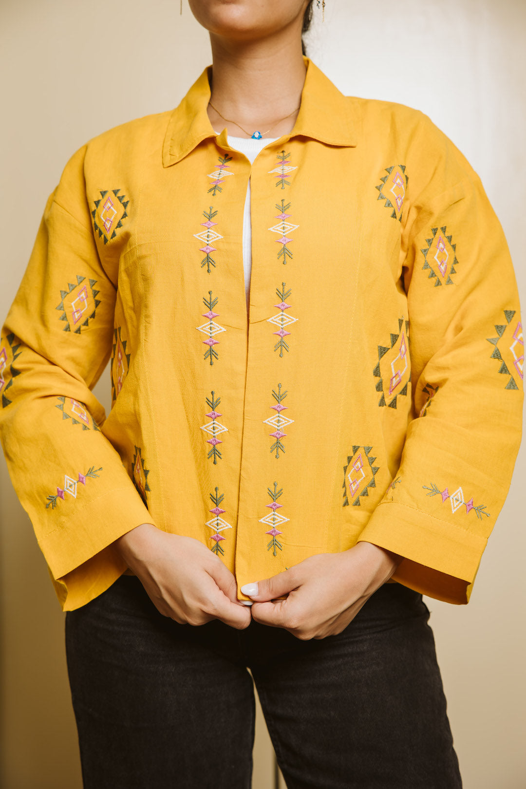 Embroidered Linen Summer Jacket - Mustard