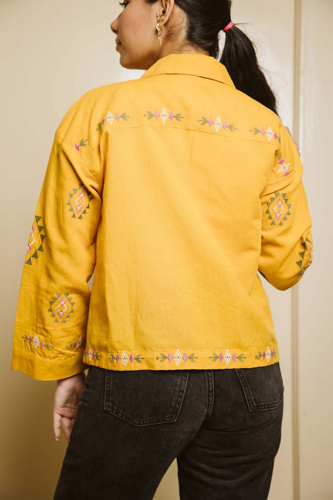 Embroidered Linen Summer Jacket - Mustard