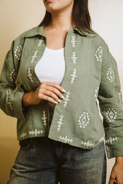 Embroidered Linen Summer Jacket - Olive