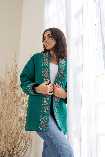Embroidered Tweed Coat - Green - Callista