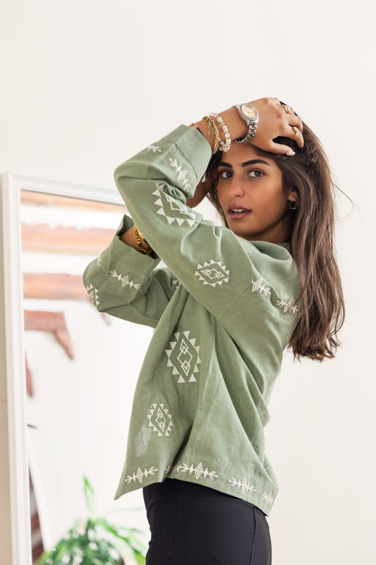 Embroidered Linen Summer Jacket - Olive