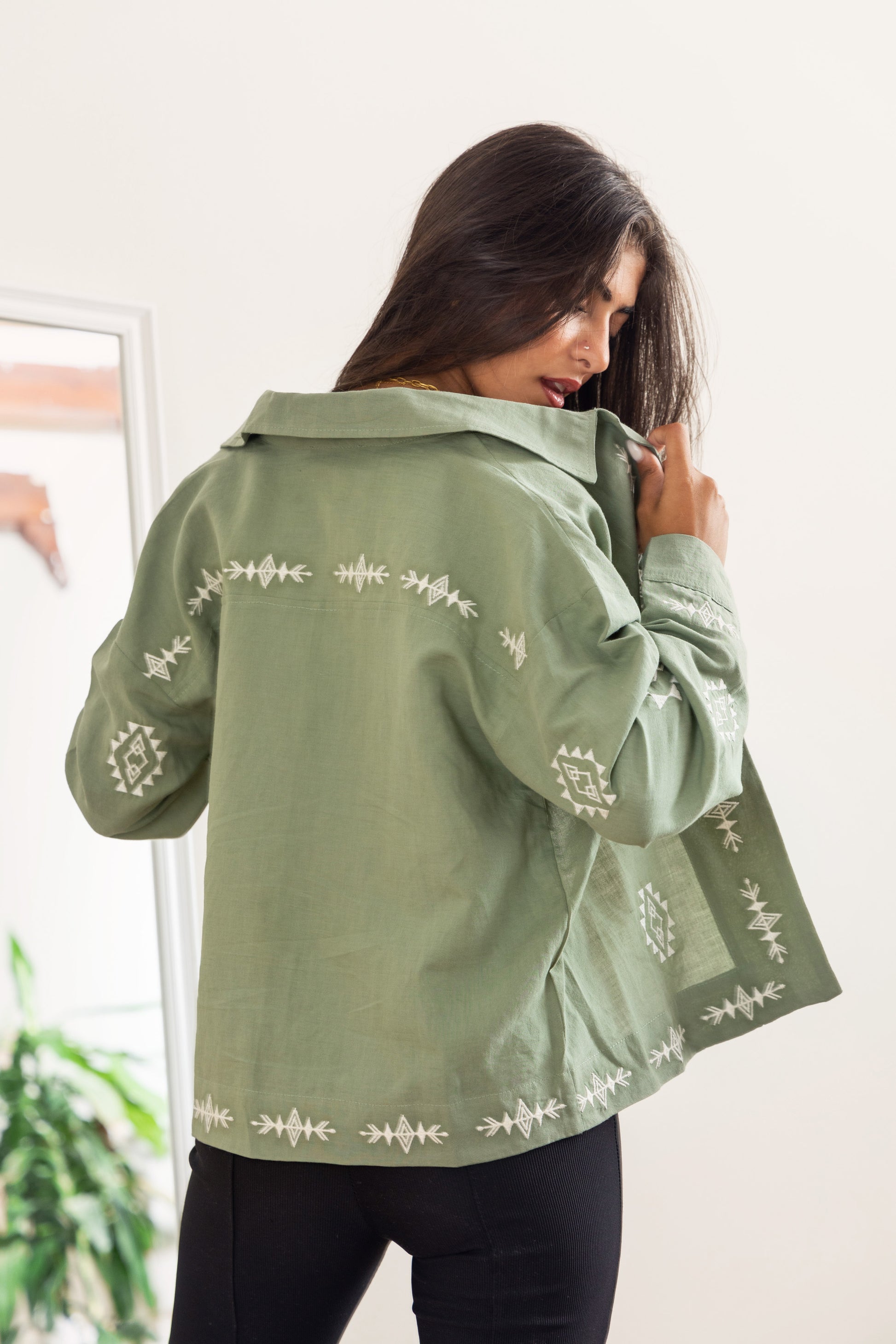 Embroidered Linen Summer Jacket - Olive - Callista